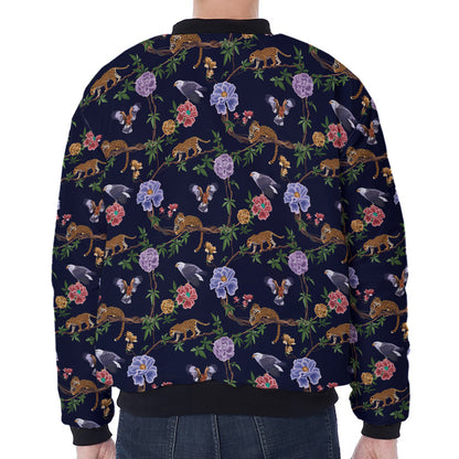 Eagle And Jaguar Pattern Print Zip Sleeve Bomber Jacket