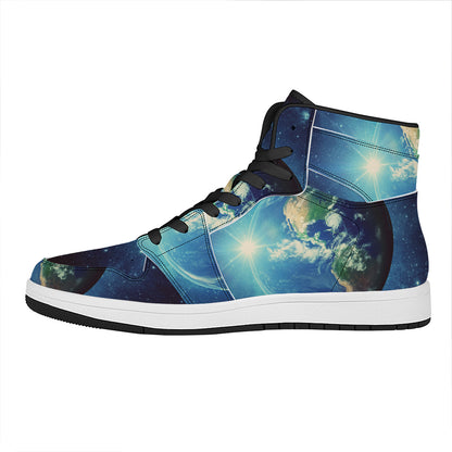 Earth And Space Print High Top Leather Sneakers