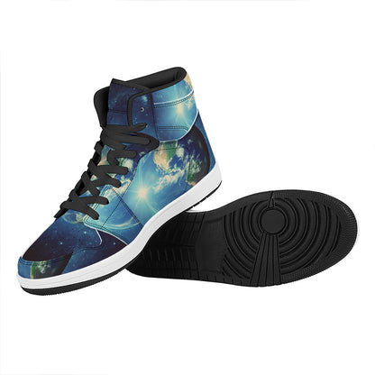 Earth And Space Print High Top Leather Sneakers