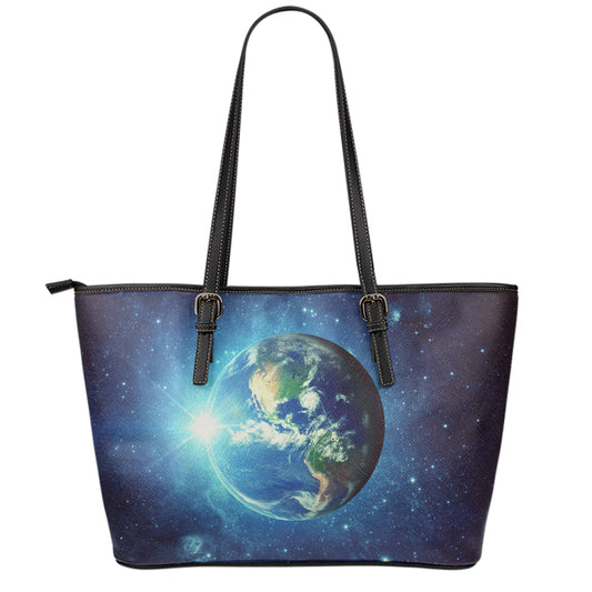 Earth And Space Print Leather Tote Bag