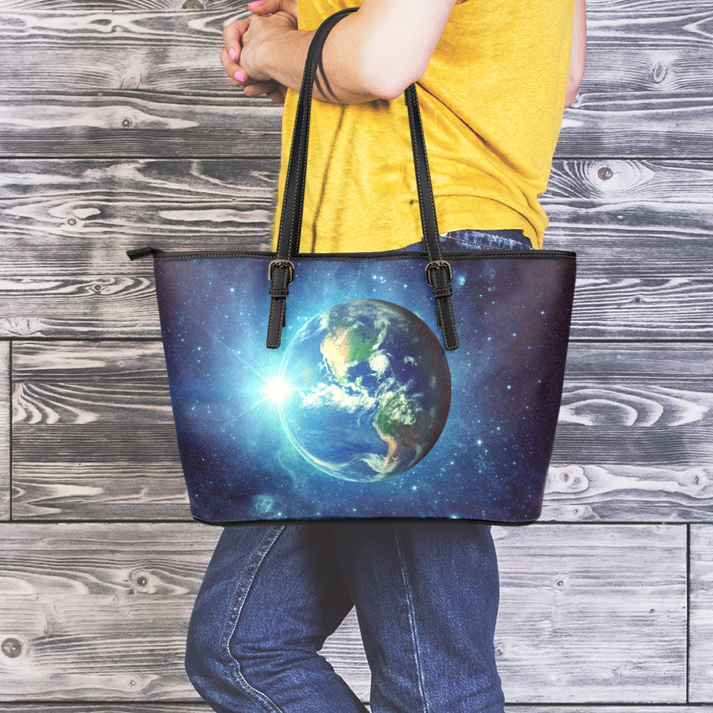 Earth And Space Print Leather Tote Bag