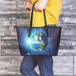 Earth And Space Print Leather Tote Bag