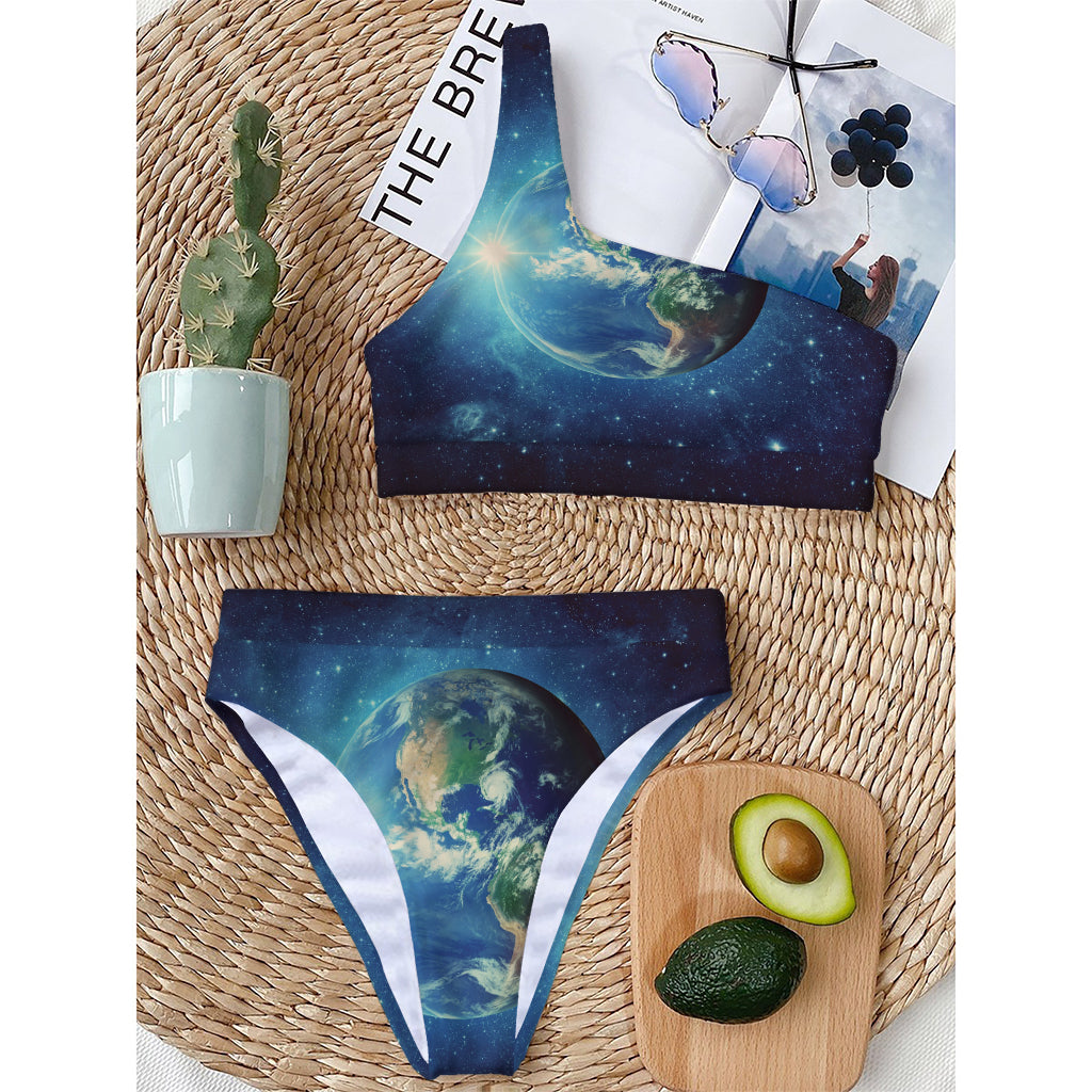 Earth And Space Print One Shoulder Bikini Top