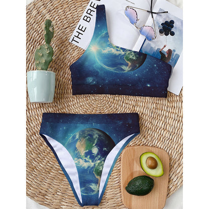 Earth And Space Print One Shoulder Bikini Top