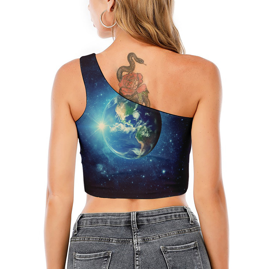 Earth And Space Print One Shoulder Crop Top