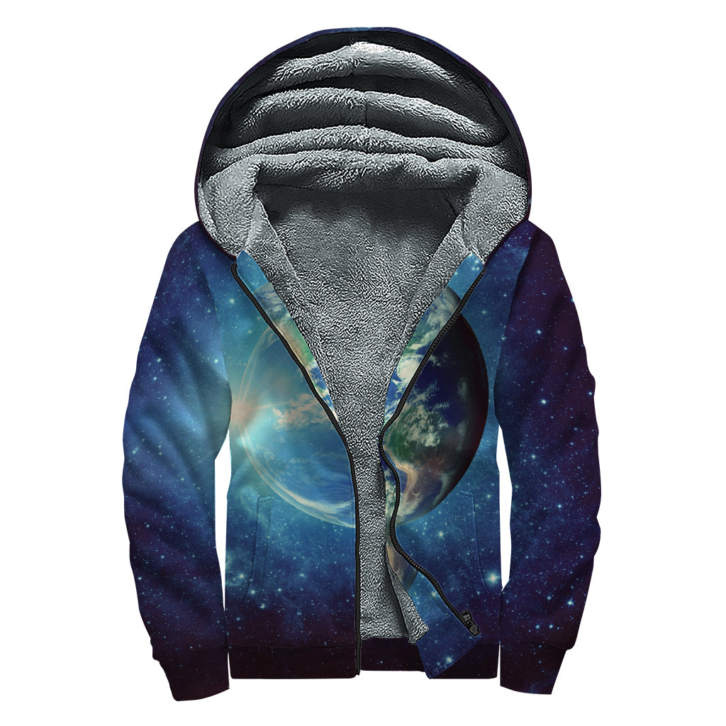Earth And Space Print Sherpa Lined Zip Up Hoodie