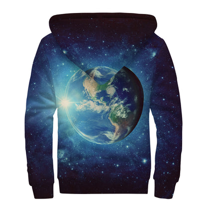 Earth And Space Print Sherpa Lined Zip Up Hoodie
