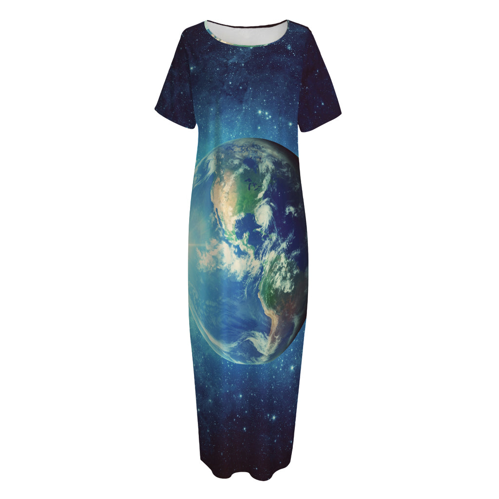 Earth And Space Print Short Sleeve Long Nightdress