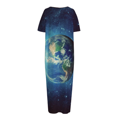 Earth And Space Print Short Sleeve Long Nightdress