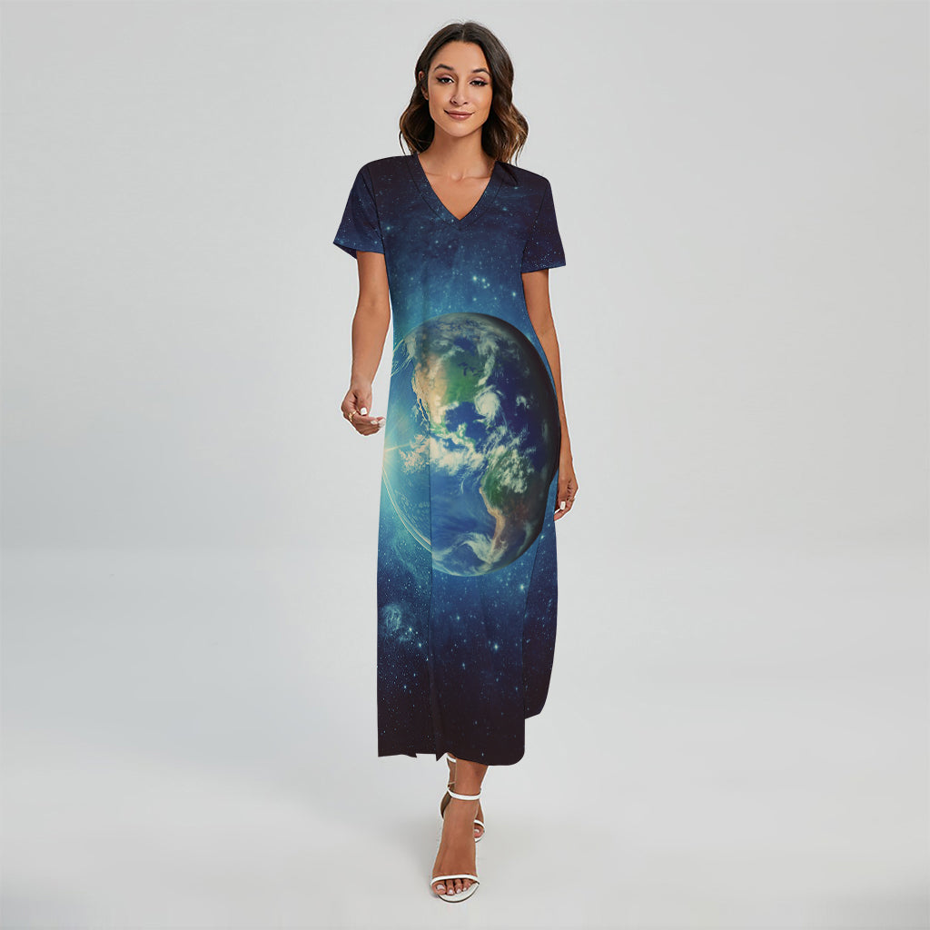 Earth And Space Print Short Sleeve Maxi Dress