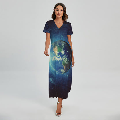 Earth And Space Print Short Sleeve Maxi Dress