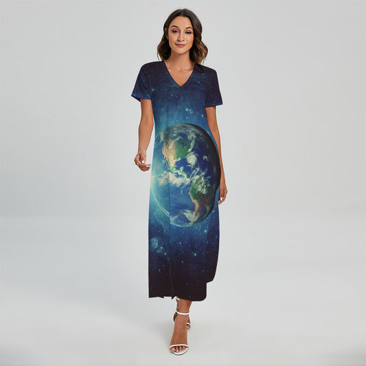 Earth And Space Print Short Sleeve Maxi Dress