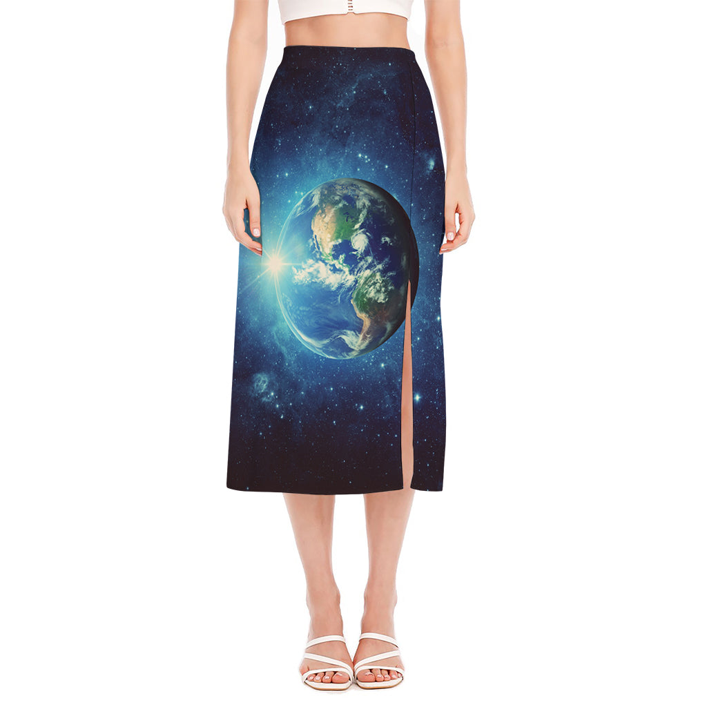 Earth And Space Print Side Slit Midi Skirt