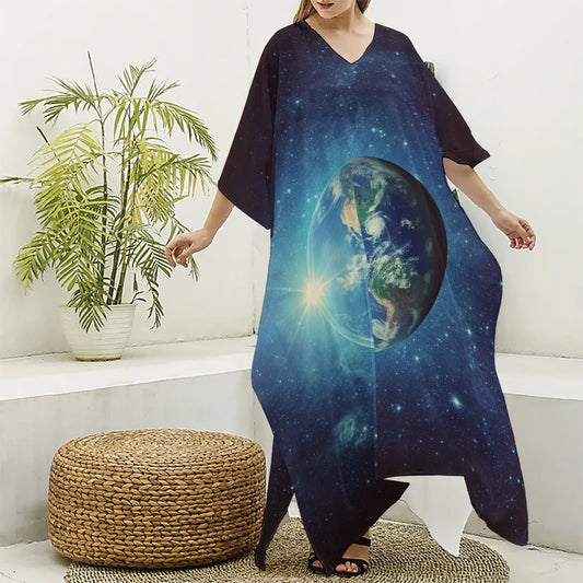 Earth And Space Print Silk V-Neck Kaftan Dress
