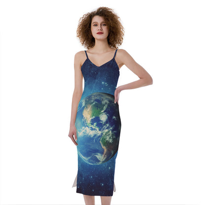 Earth And Space Print Slim Fit Midi Cami Dress