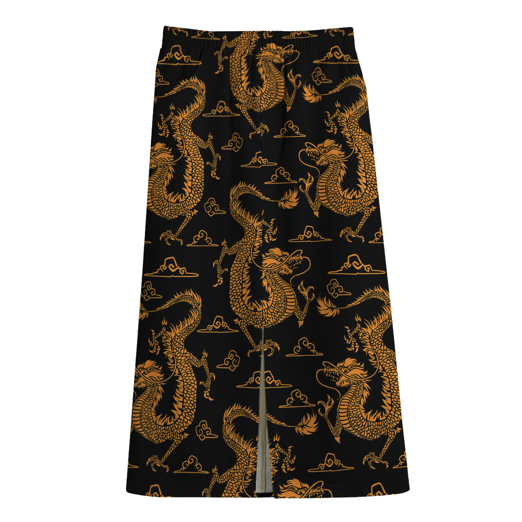Eastern Dragon Pattern Print Cotton Front Slit Maxi Skirt