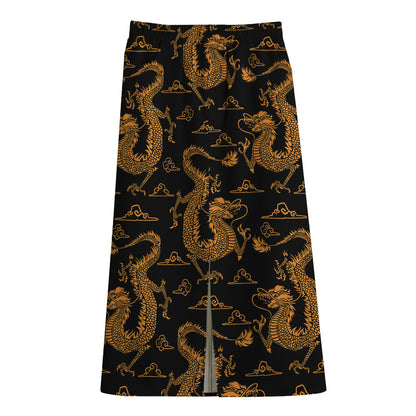 Eastern Dragon Pattern Print Cotton Front Slit Maxi Skirt