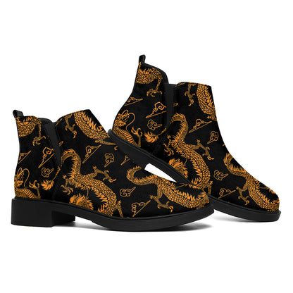 Eastern Dragon Pattern Print Flat Ankle Boots