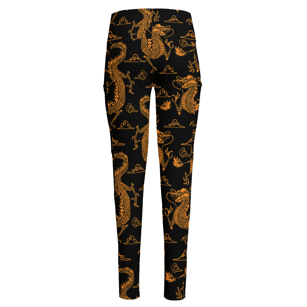 Eastern Dragon Pattern Print High-Waisted Pocket Leggings