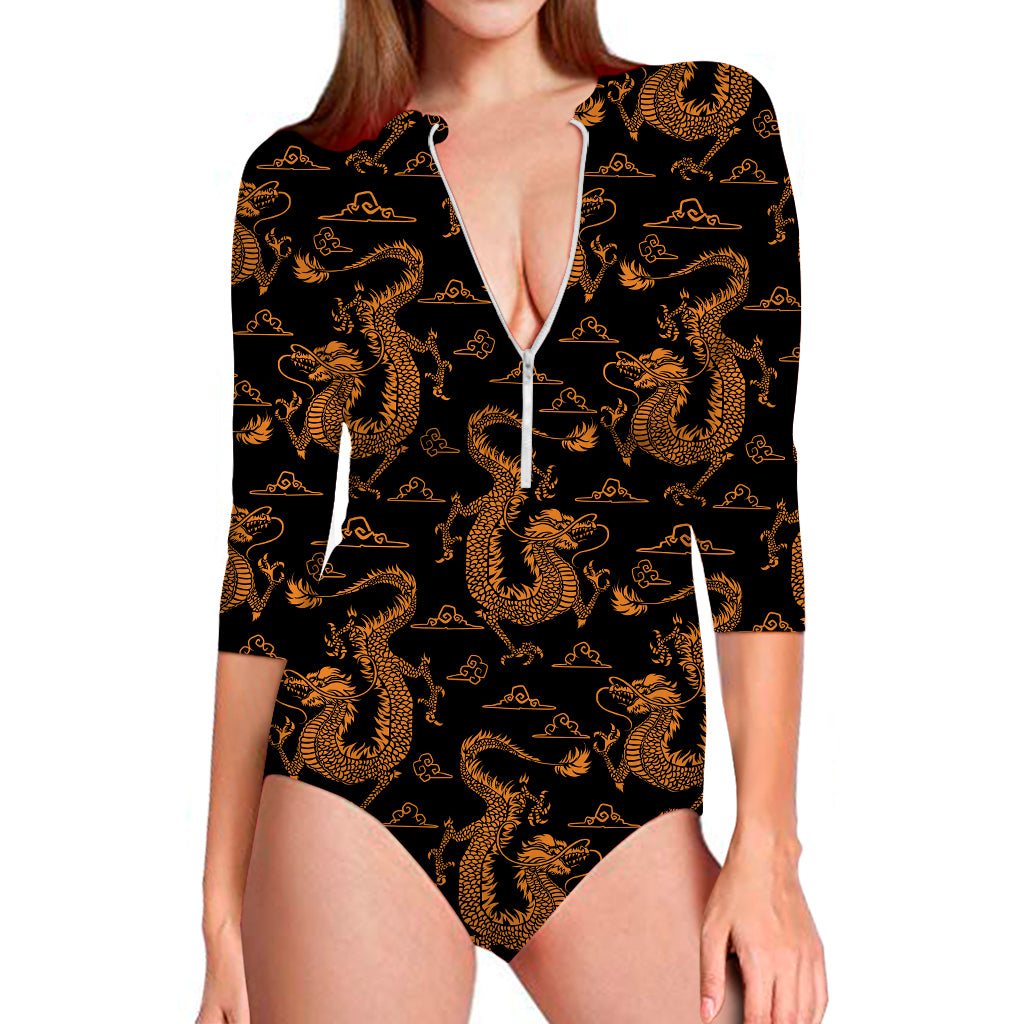 Eastern Dragon Pattern Print Long Sleeve Swimsuit