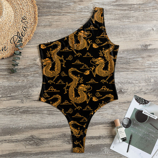Eastern Dragon Pattern Print One Shoulder Bodysuit