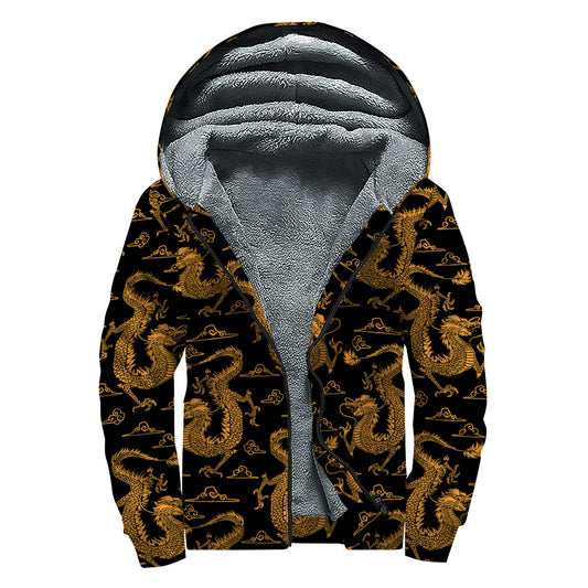 Eastern Dragon Pattern Print Sherpa Lined Zip Up Hoodie