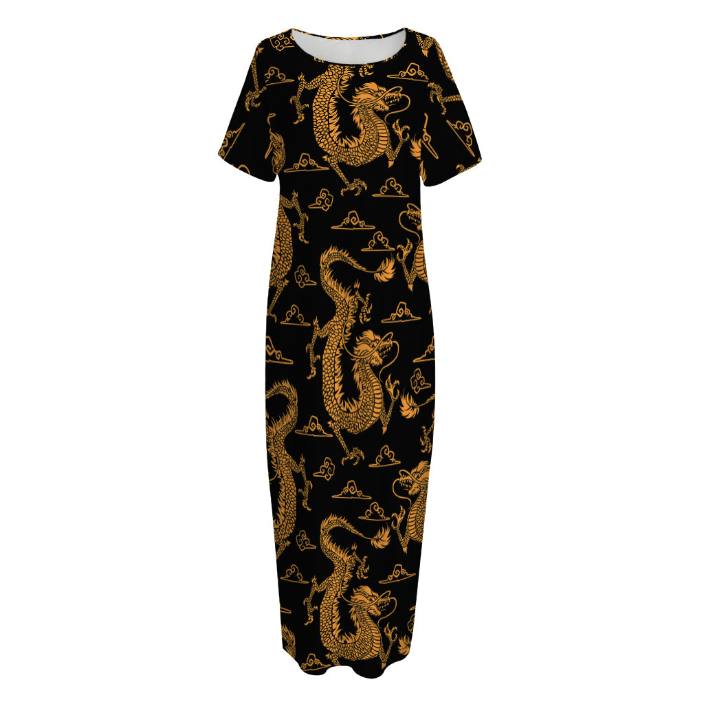 Eastern Dragon Pattern Print Short Sleeve Long Nightdress