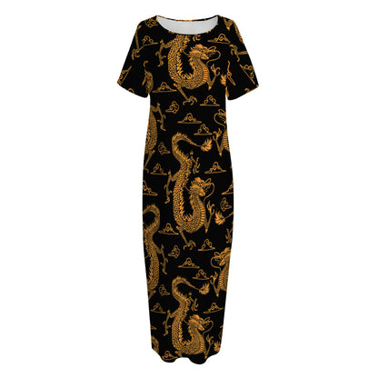 Eastern Dragon Pattern Print Short Sleeve Long Nightdress