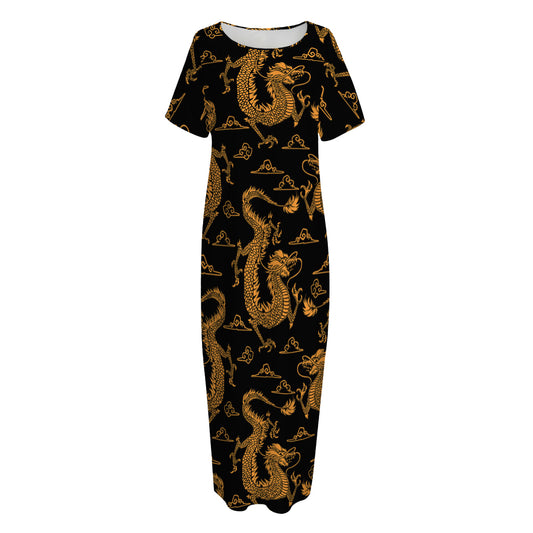 Eastern Dragon Pattern Print Short Sleeve Long Nightdress