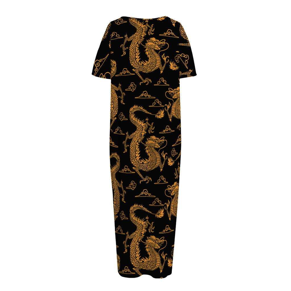 Eastern Dragon Pattern Print Short Sleeve Long Nightdress