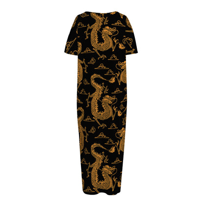 Eastern Dragon Pattern Print Short Sleeve Long Nightdress