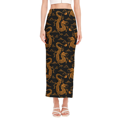 Eastern Dragon Pattern Print Side Slit Maxi Skirt