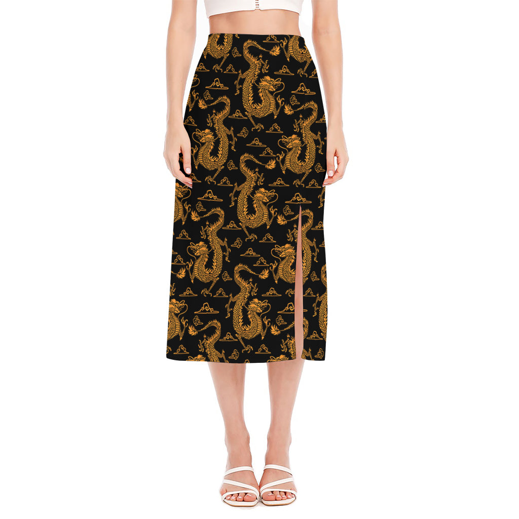 Eastern Dragon Pattern Print Side Slit Midi Skirt