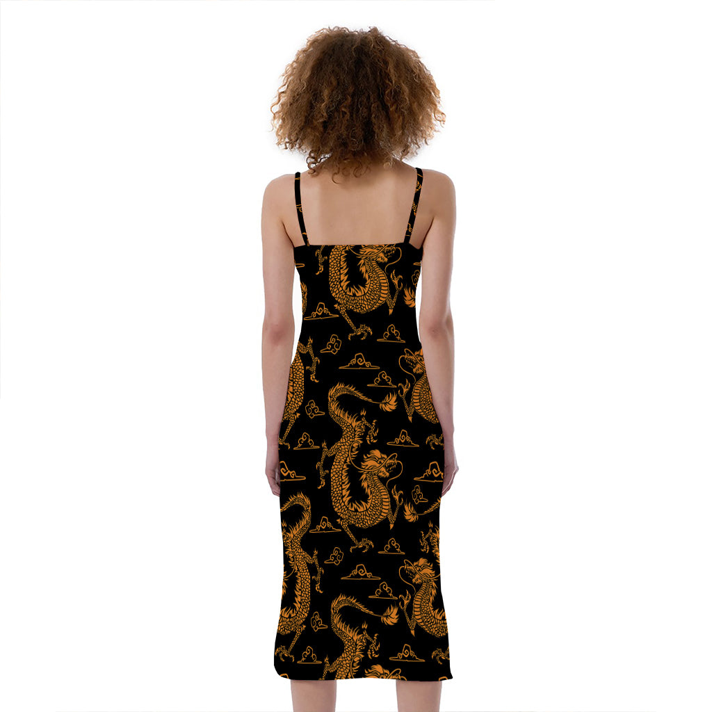 Eastern Dragon Pattern Print Slim Fit Midi Cami Dress