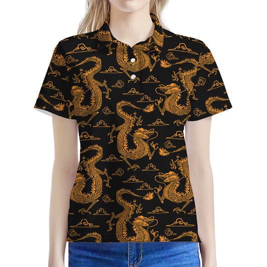 Eastern Dragon Pattern Print Women's Polo Shirt