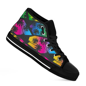 EDM Beach Palm Tree Pattern Print Black High Top Sneakers