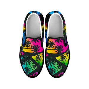 EDM Beach Palm Tree Pattern Print Black Slip On Sneakers
