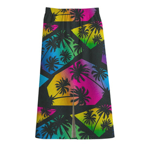 EDM Beach Palm Tree Pattern Print Cotton Front Slit Maxi Skirt