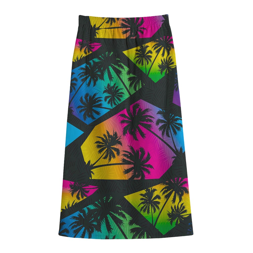 EDM Beach Palm Tree Pattern Print Cotton Front Slit Maxi Skirt