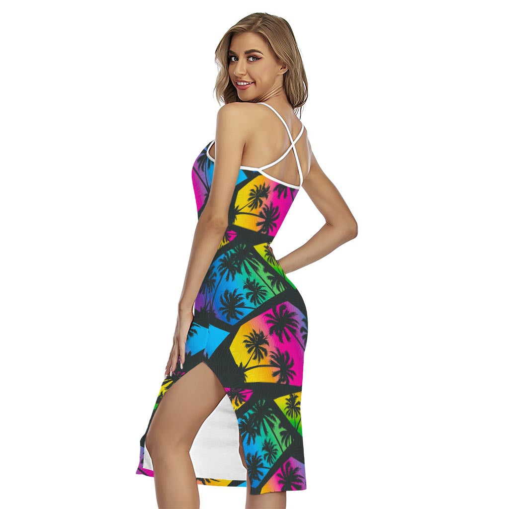 EDM Beach Palm Tree Pattern Print Cross Back Cami Dress