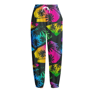 EDM Beach Palm Tree Pattern Print Fleece Lined Knit Pants