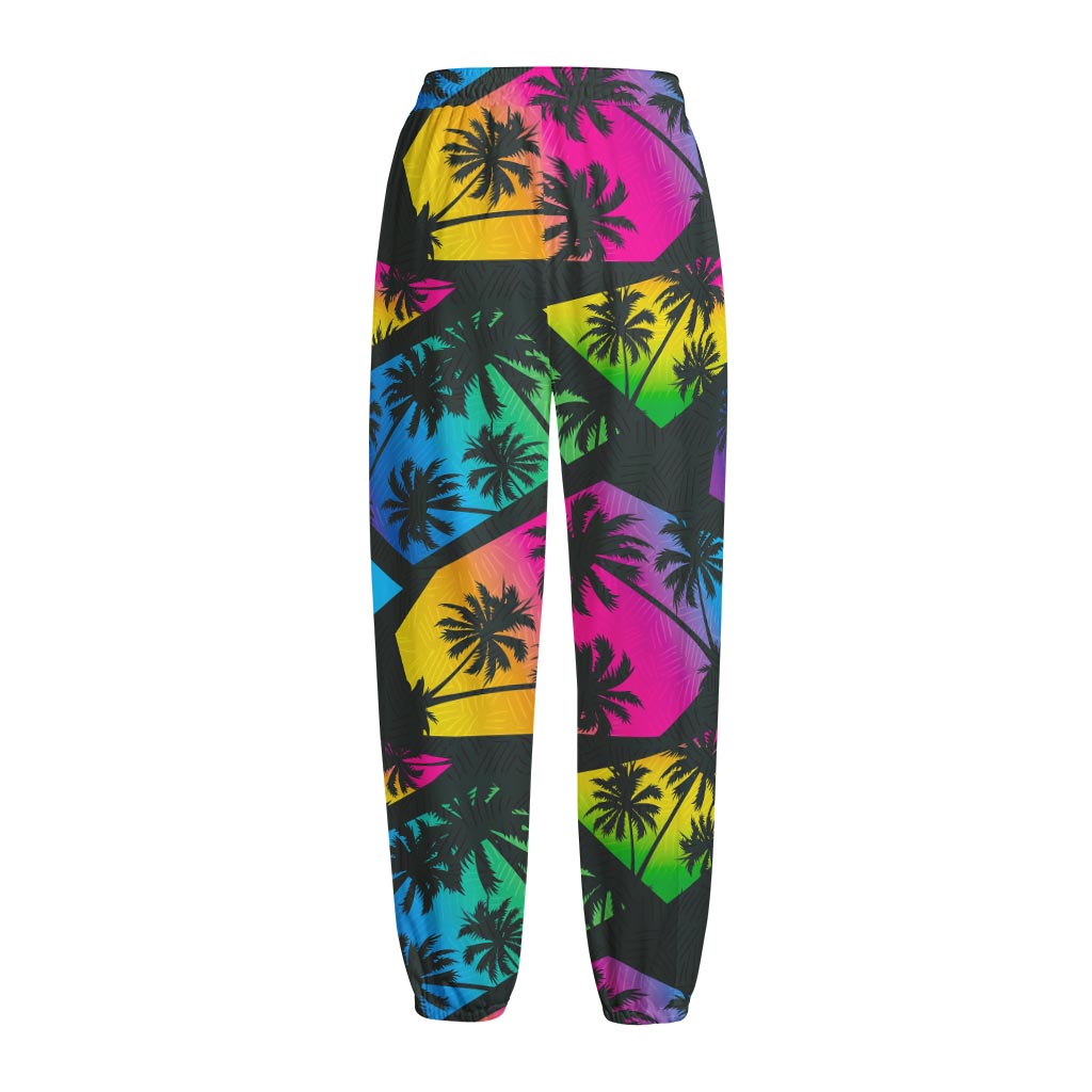 EDM Beach Palm Tree Pattern Print Fleece Lined Knit Pants