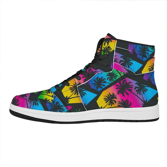 EDM Beach Palm Tree Pattern Print High Top Leather Sneakers