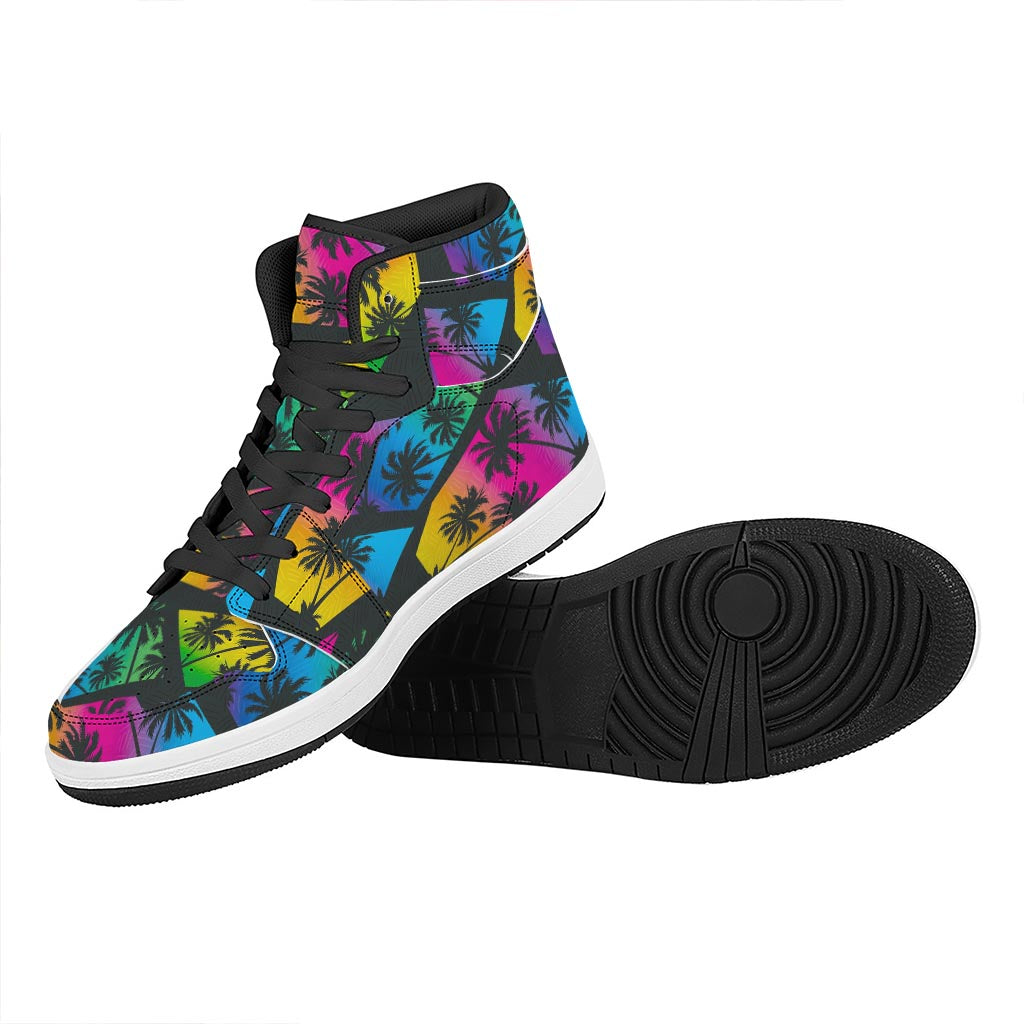 EDM Beach Palm Tree Pattern Print High Top Leather Sneakers