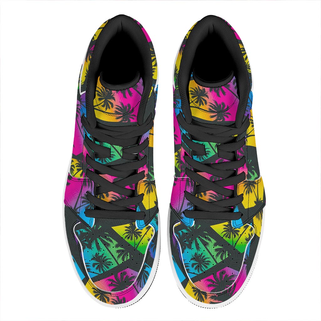 EDM Beach Palm Tree Pattern Print High Top Leather Sneakers
