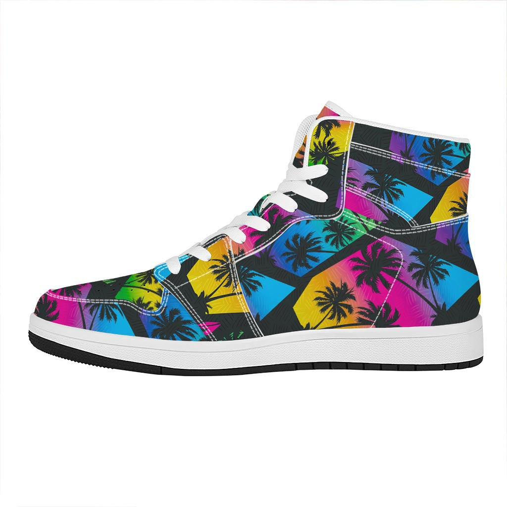 EDM Beach Palm Tree Pattern Print High Top Leather Sneakers