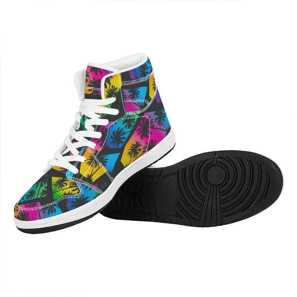 EDM Beach Palm Tree Pattern Print High Top Leather Sneakers