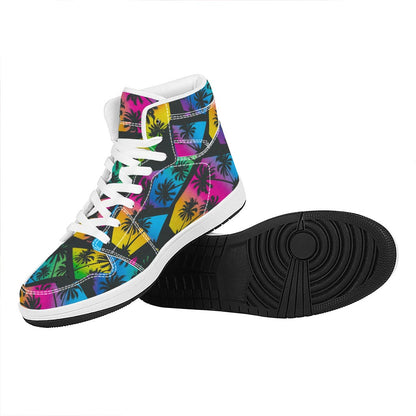 EDM Beach Palm Tree Pattern Print High Top Leather Sneakers