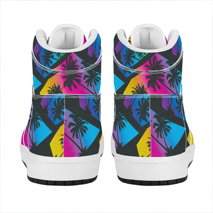 EDM Beach Palm Tree Pattern Print High Top Leather Sneakers