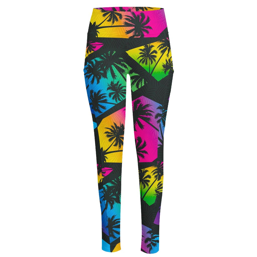 EDM Beach Palm Tree Pattern Print High-Waisted Pocket Leggings